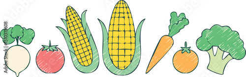Vector Illustration of a Vibrant Assortment of Fresh Vegetables in a Horizontal Line Featuring Turnip, Red and Yellow Tomatoes, Corn Ears, Carrot, and Broccoli with Rustic Hand-Drawn Style and Bold 