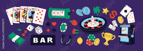 Set of casino items. Gamblings elements: roulette, chips, coins, money, cards, dice. Chance games: poker, slot or fruit machines, dominoes, lottery, online bets. Flat isolated vector illustrations