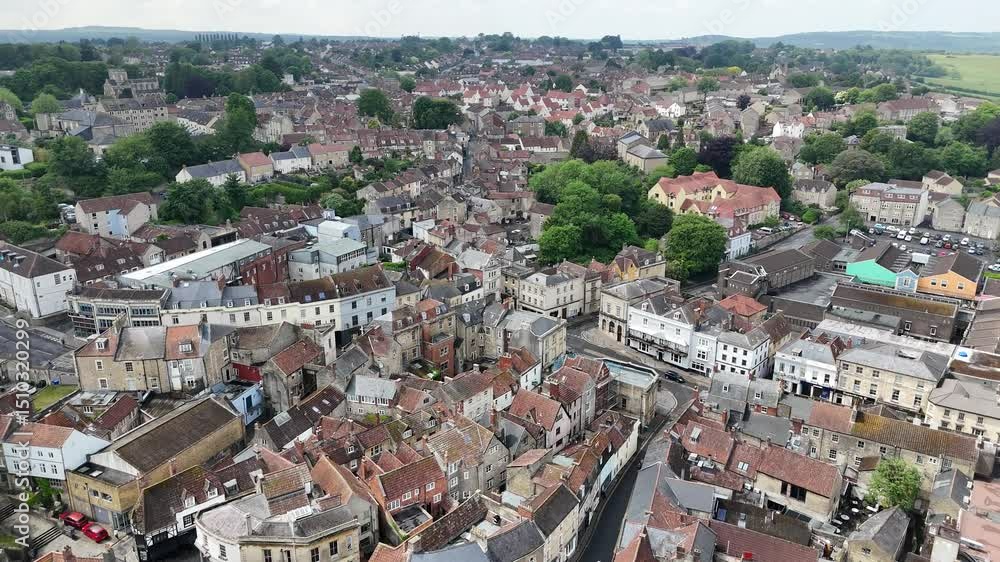 Panning drone aerial Frome town centre in Somerset UK Panning drone aerial Frome town centre in Somerset UK