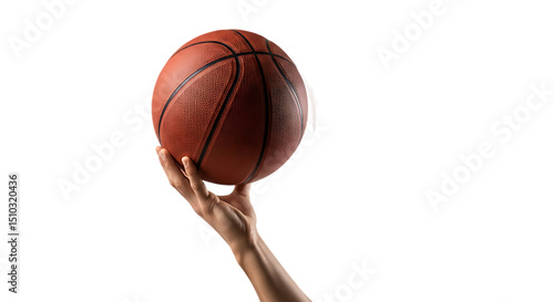 Hand holding basketball upright, isolated on transparent background