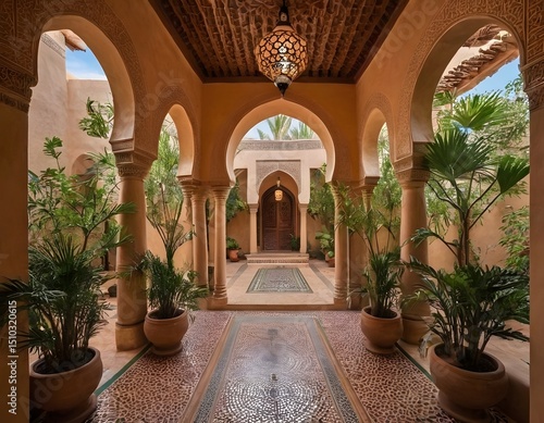 Traditional Moroccan Riad with Courtyard and Fountain. Ideal for themes of travel, architecture, culture, and interior design