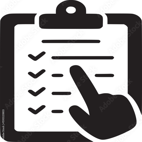 Black and white image of a clipboard with check marks and a hand icon