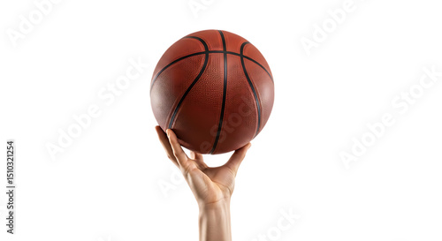 Basketball balanced on fingertips, isolated on transparent background