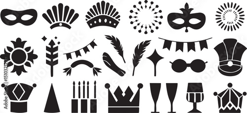 Festival Icons for Mardi Gras with Mask Drum Trumpet and Beads