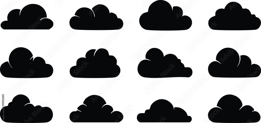 Vector Collection of Twelve Stylized Cloud Silhouettes in a Clean Minimalist Design, Arranged in a 3x4 Grid with High Contrast Black Shapes on a White Background Vector Collection of Twelve Stylized Cloud Silhouettes in a Clean Minimalist Design, Arranged in a 3x4 Grid with High Contrast Black Shapes on a White Background
