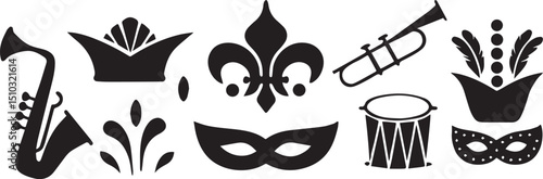 Cultural Mardi Gras Icon Pack with Jazz Instruments and Masquerade Mask