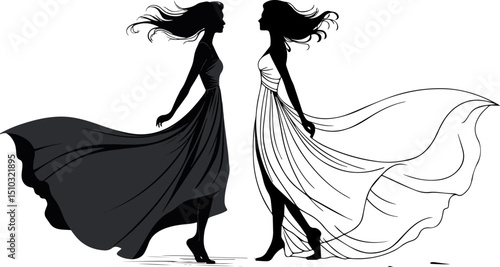 Two Elegant Women Silhouettes in Flowing Dresses - Fashion & Beauty Vector