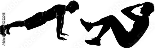 Fitness Workout Silhouettes: Push-up and Crunches Vector Set