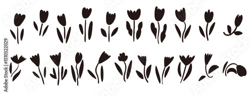 かわいい手書きの花のイラストセット　黒