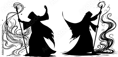 Witches Brewing Potion Silhouette - Halloween Fantasy Vector Illustration