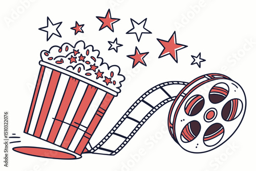 Cinematic movie night illustration featuring popcorn reel stars and cinema elements for film projects