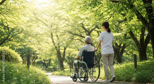 Caregiver walking with senior in wheelchair outdoors