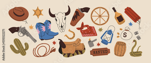 Set of Wild West items. Elements of Western American theme. Cowboy boots and hat, lasso rope, horseshoe, horse saddle, colt revolver, sheriff badge and skull. Flat isolated vector illustrations