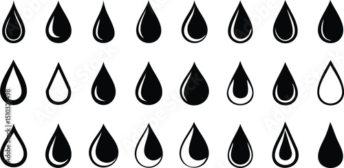 set of black and white drops, Vector Composition with Black Teardrops in a Grid Layout and Delicate Inner Highlights, Evoking Sophisticated Simplicity and Subtle 