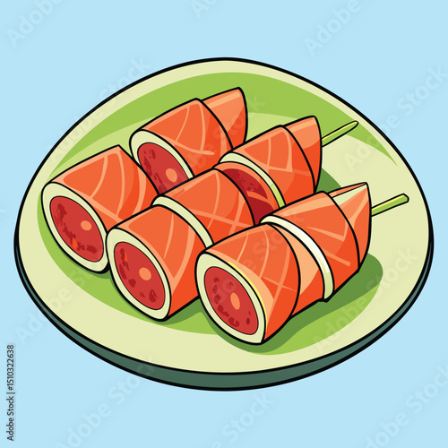 Prosciutto wrapped melon slices appetizer on plate sweet and salty