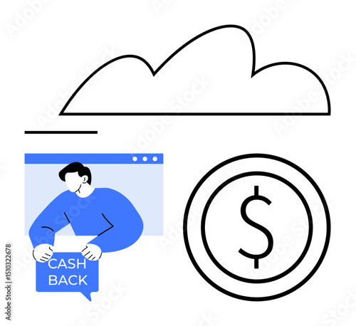 Man holding cashback note in a browser window, cloud symbol above, dollar icon. Ideal for finance, e-commerce, digital savings, rewards, online transactions, cloud solutions simple landing page