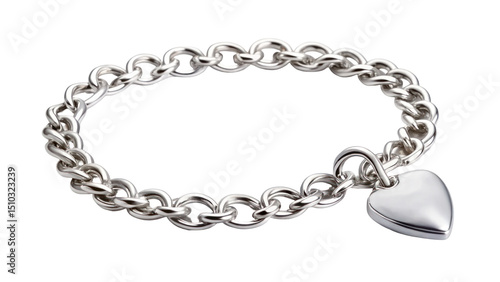 Silver Chain Bracelet with Heart Charm Isolated on Transparent Background

