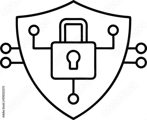 Secure Data Shield Padlock Protecting Digital Information Connected by Nodes, Representing Cybersecurity and Privacy Line Art Icon