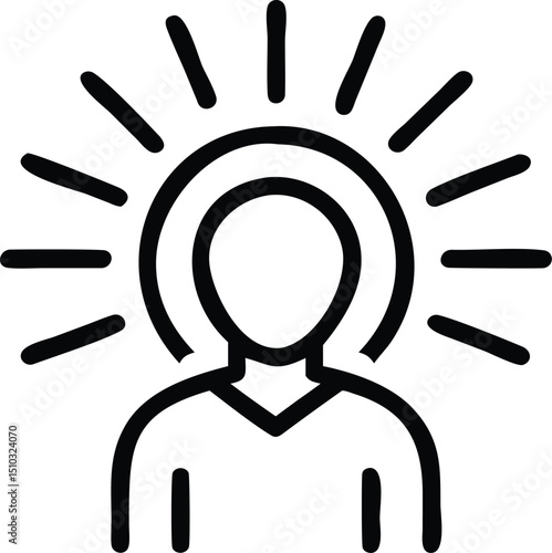 Minimalist Outline Icon of Saint or Person With Halo and Radiating Light