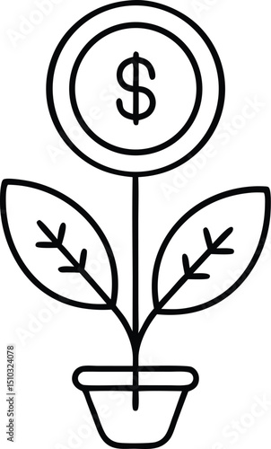 Money Plant Icon Coin with Dollar Sign Growing in a Pot Outline Illustration