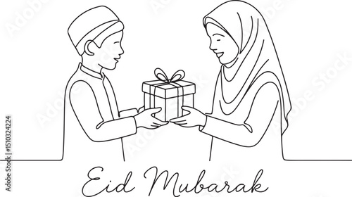 Muslim Boy Giving Gift to Sister Eid Mubarak Drawing