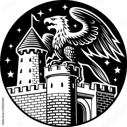 Griffin perched atop castle tower with stars in a circular black and white graphic illustration silhouette