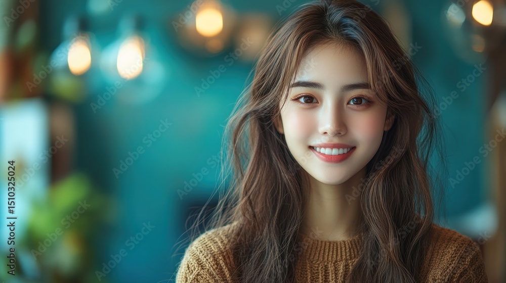 Smiling woman in cafe with blurred background lights Smiling woman in cafe with blurred background lights