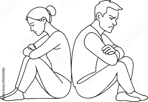Sad Couple Sitting Back to Back One Line Illustration