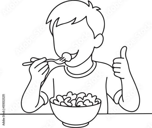Boy Eating Salad and Showing Thumbs Up Line Drawing