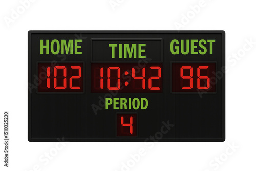 Basketball scoreboard showing fourth quarter with home team winning on transparent background