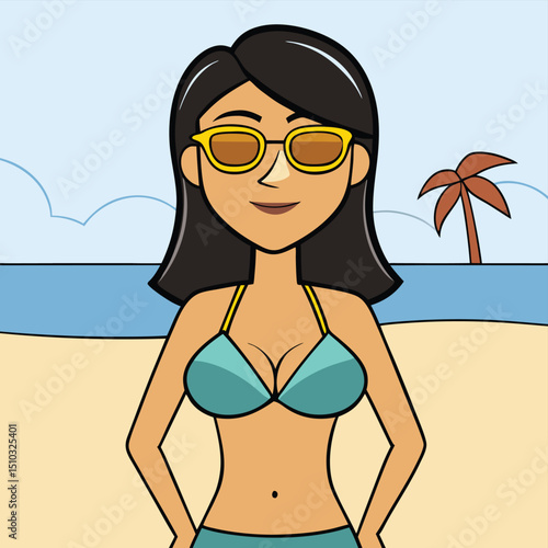 Woman in bikini wearing sunglasses relaxing on summer beach vacation