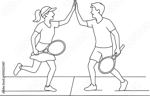 Tennis Duo High Five Gesture on Grass Court Line Art