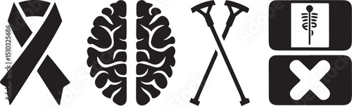 Multiple Sclerosis Awareness Icons with Brain Ribbon and Fatigue Symbols