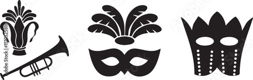 New Orleans Mardi Gras Icon Set with Drum Trumpet and Parade Elements