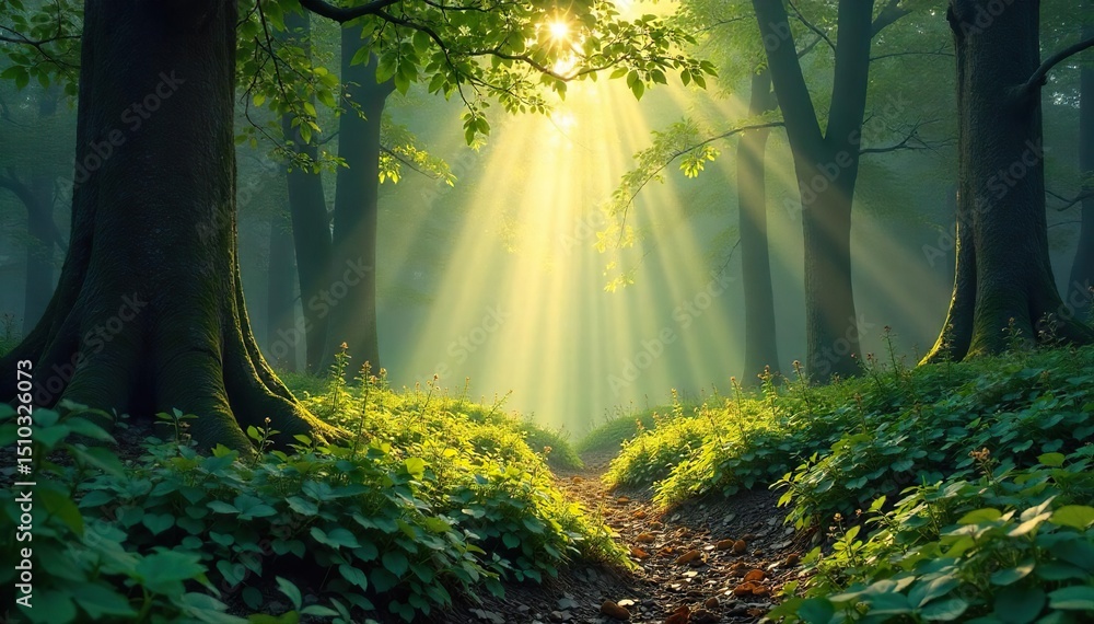 Obraz premium Sunbeams dappling a secluded forest floor, lush undergrowth, and a sense of quiet mystery Perfect for nature, fantasy, or fairytale themes , leaves, magical, ground