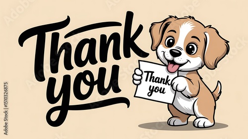 A cartoon dog holding a thank you sign with a large thank you text next to it