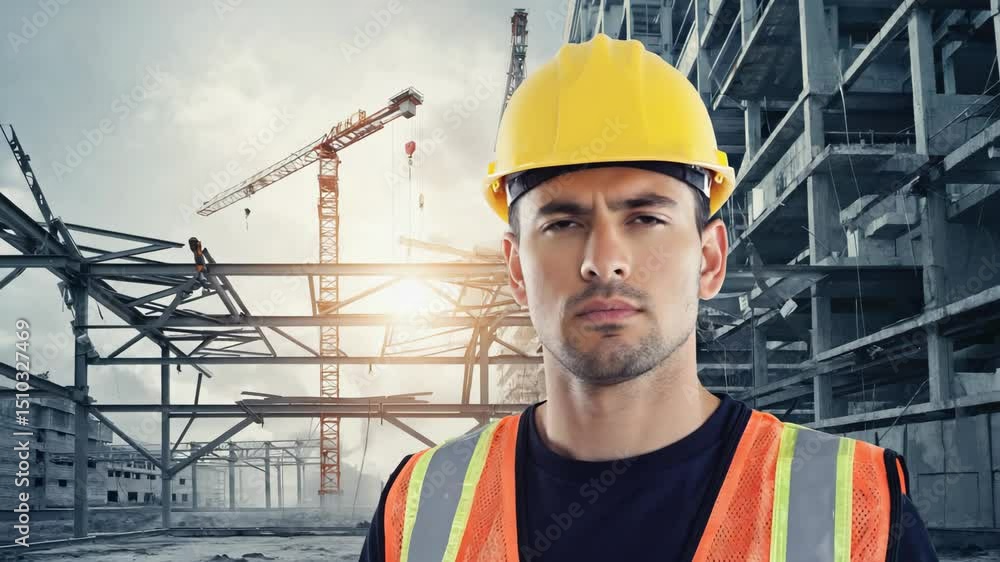 Construction worker at a building site during sunset Construction worker at a building site during sunset