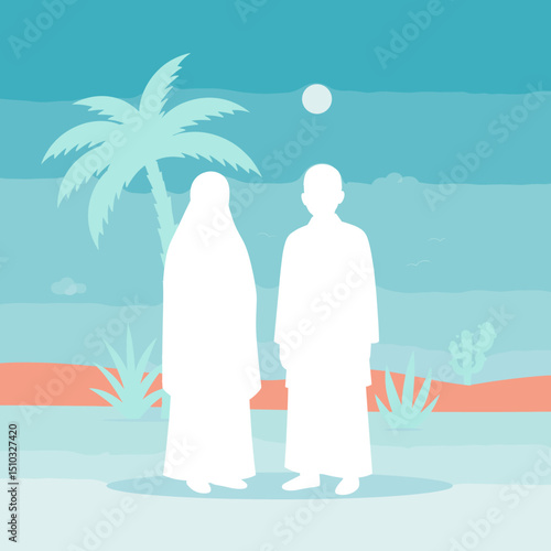 A couple, dressed in green attire, is standing at an airport with a suitcase in tow, preparing for a journey. The background features an airplane and cityscape, signifying a trip for pilgrimage or tra
