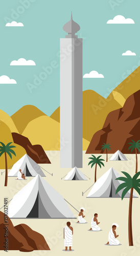 A person is performing the ritual of "Ramī al-Jamarāt" (stoning of the devil) during Hajj. The stone structure is depicted with a person throwing stones towards it in a desert-like setting.