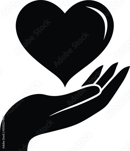 Silhouette of Hand Holding a Heart, Symbolizing Love, Care, and Support, Simple Design