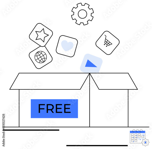 Open box releasing app icons for heart, shopping cart, globe, play button, and gear suggesting access to free resources or services. Ideal for creativity, innovation, software, marketing technology