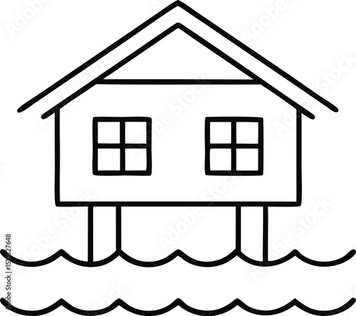Simple Black and White Drawing of a House on Stilts Above Water with Waves