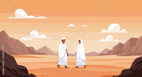 Two people, a man and a woman, are walking side by side in the desert, wearing traditional white Hajj clothing. They appear to be walking toward a sacred destination.