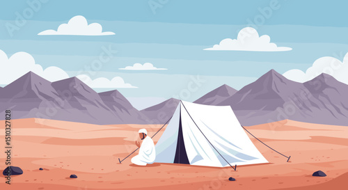 A desert scene with numerous white tents set up, probably for Hajj. The landscape features mountains in the distance, and a few sheep are grazing.