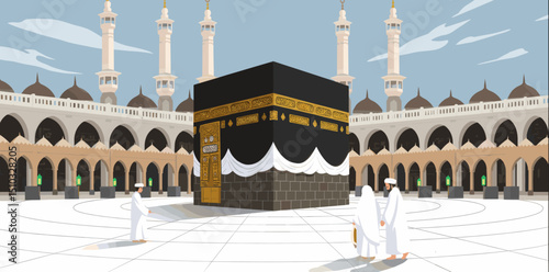 The Kaaba in the center of the Masjid al-Haram surrounded by pilgrims. The clear skies and the iconic structure are highlighted in this Islamic sacred site.