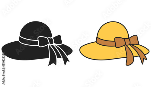 Vector illustration of elegant sun hats in contrasting colors with charming bow embellishments