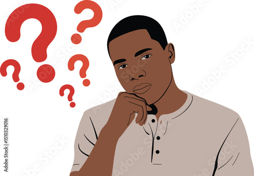 Thoughtful African American Man Pondering with Question Marks Around, Confused and Curious Expression, Concept of Doubt and Decision Making, Vector Illustration