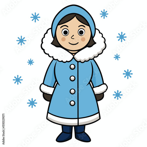 Woman in warm winter coat surrounded by falling snowflakes cold season scene