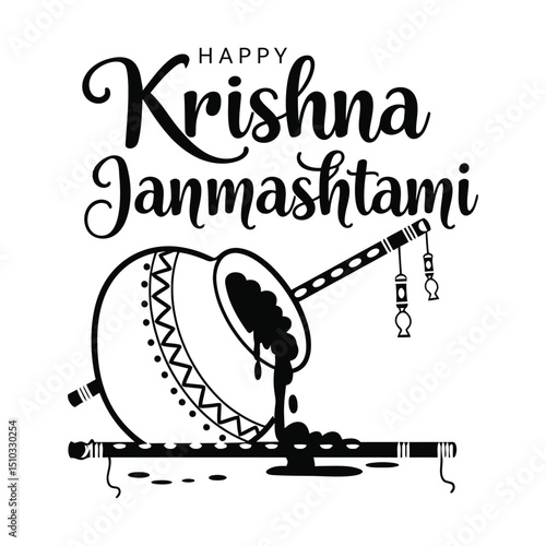 Krishna Janmashtami | Krishna Butter Pot Vector Design | Lord Krishna Flute & Feather vector art with white background .