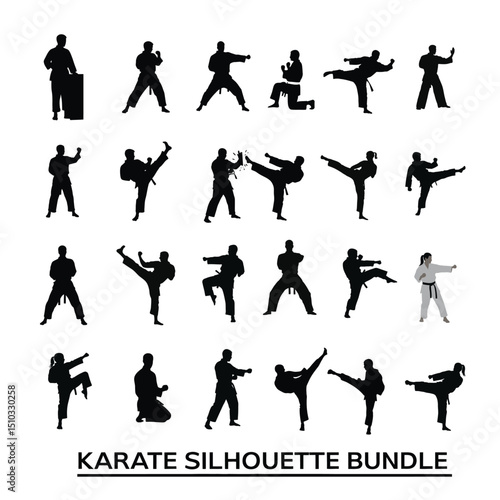 Karate Silhouette Bundle | Martial Arts Poses | Karate Fighter 24 unique karate poses in clean black silhouette style with white background .